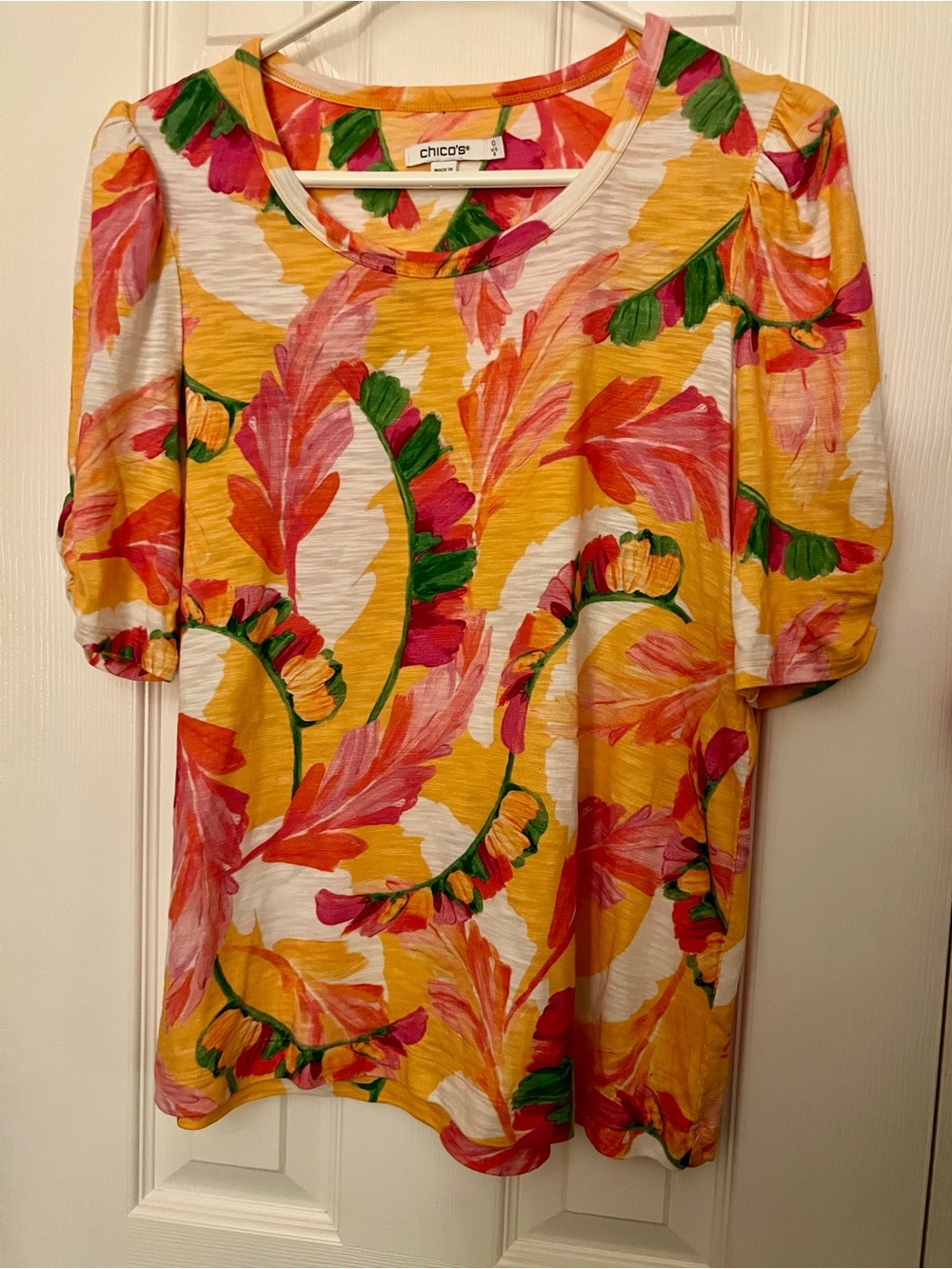 Chico's Tropical Scoop Neck Top with Orange, Pink & Green Accents